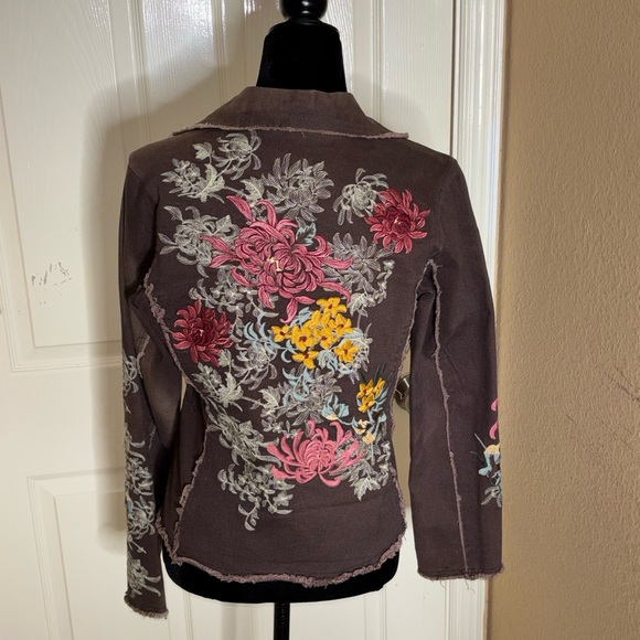 PAPARAZZI BIZ Floral Embroidered Brown Boho Button Lined Coat Jacket Size M - Picture 3 of 12